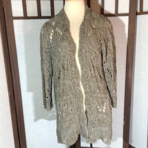Chico’s sz 2 or large long open front  Crochet cardigan /loose knit/ 3/4 sleeve